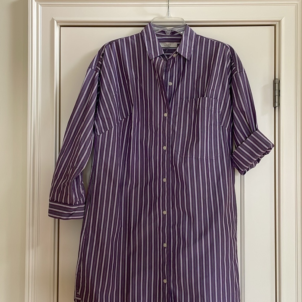 LOFT Purple Button Down Shirtdress with Rolled Sleeves NWT